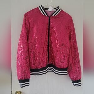 Women's Sparkly Sequin Bomber Jacket Pink Long Sleeve Zipper Glitter Size S-M